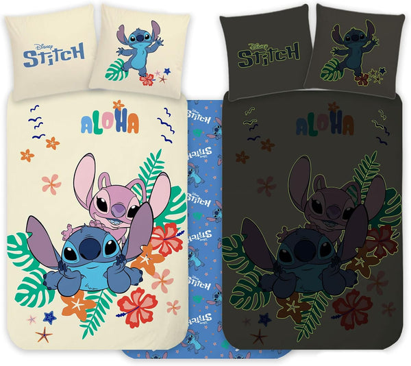 Parure de lit bébé Stitch & Angel réversible installée sur un petit lit enfant