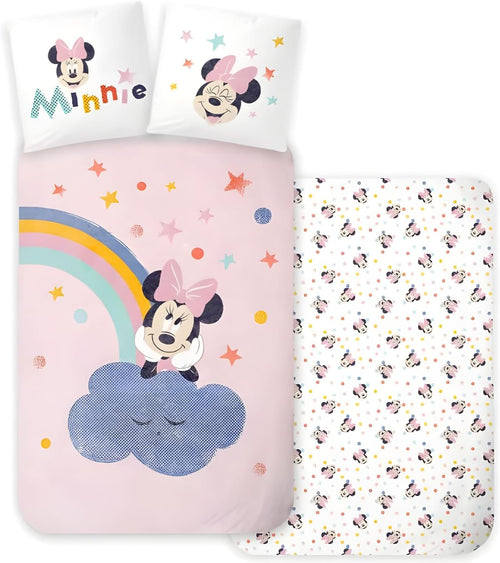 Parure de lit Minnie Mouse en coton installée sur un lit simple d’enfant
