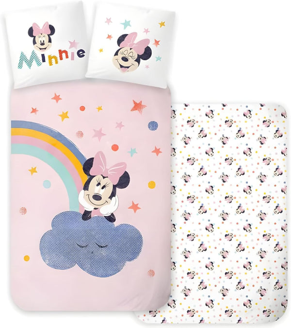 Parure de lit Minnie Mouse en coton installée sur un lit simple d’enfant