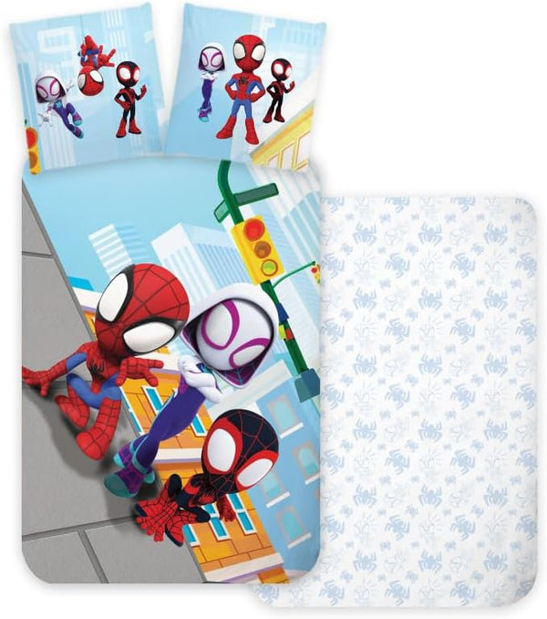 Parure de lit enfant Spidey & Friends déployée sur un lit simple multicolore