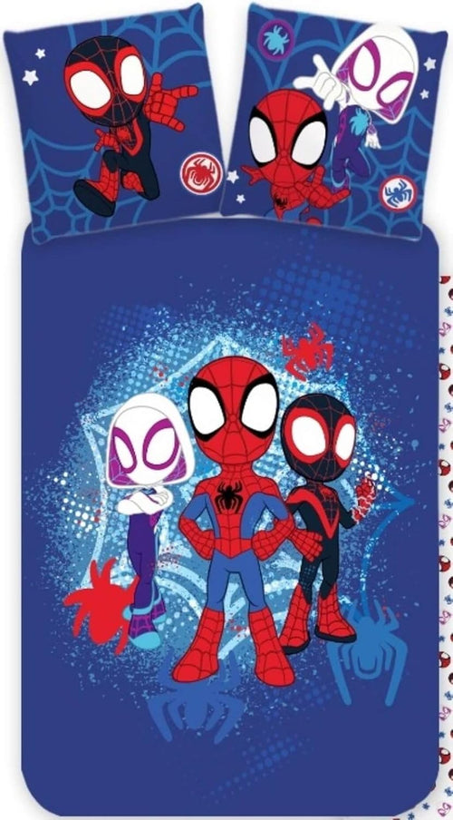 Parure de lit Marvel Spidey et ses super amis complète sur lit simple bleu et blanc