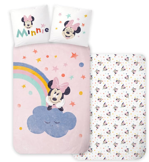 Parure de lit bébé Minnie Mouse Disney avec housse de couette rose arc-en-ciel et nuages
