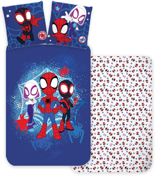 Parure de lit enfant Spidey Marvel sur lit junior avec fond bleu et héros en action