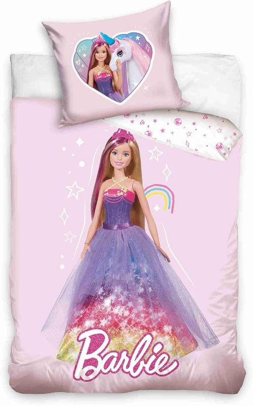 Parure de lit Barbie rose pour enfant en coton avec housse 100x135 cm et taie 40x60 cm