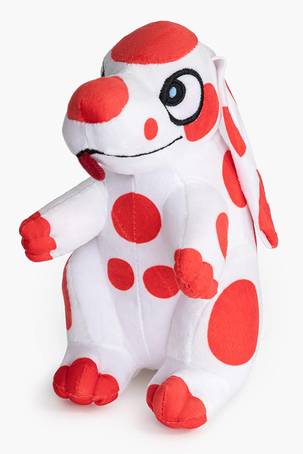 Peluche Pimpa debout de 30 cm blanche à pois rouges posée sur une surface claire