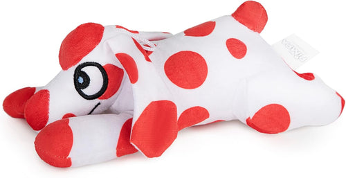 Gros plan sur la tête de la peluche Pimpa avec ses pois rouges et son museau doux