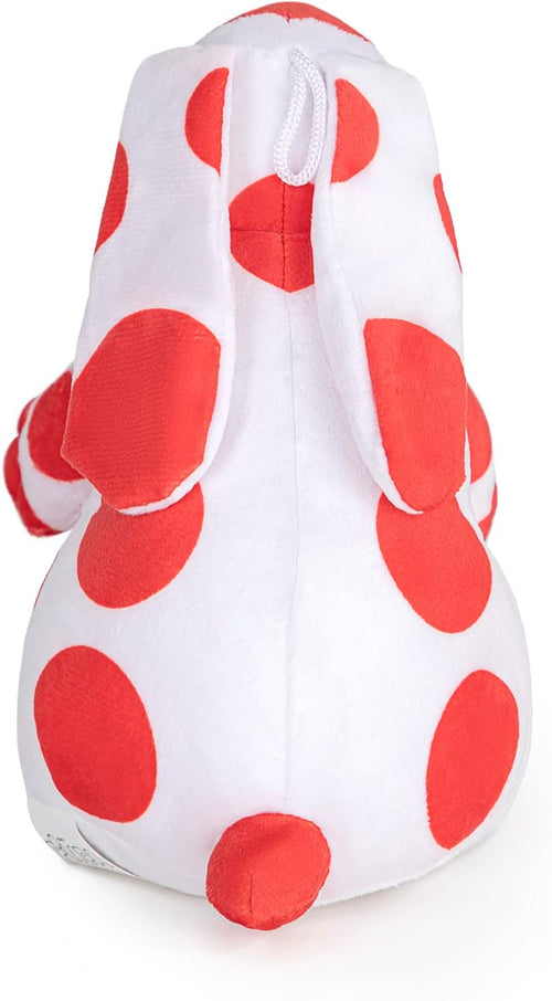 Gros plan sur la tête et le pelage tacheté rouge et blanc de la peluche Pimpa