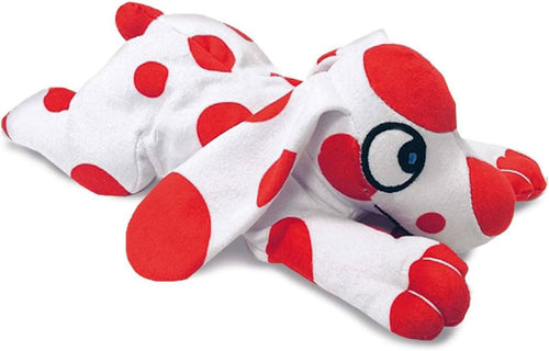 Peluche Pimpa couchée de 40 cm en velours blanc à boules rouges, posée pour les câlins
