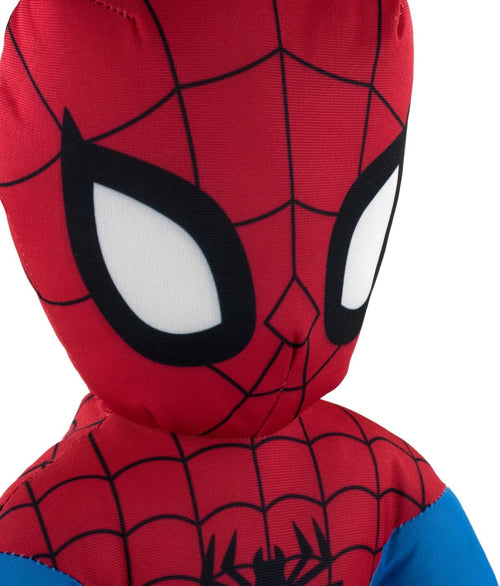 Vue de la peluche Spiderman Marvel 38 cm mettant en avant la matière nylex toute douce