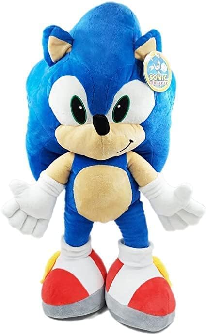 Vue latérale de la peluche Sonic montrant les piquants et les gants blancs