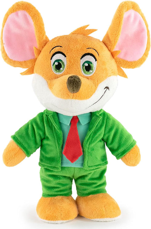 Détail de la tenue de la peluche Geronimo Stilton avec veste, cravate et couleurs vives