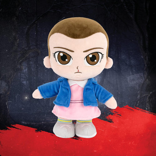 Vue de dos de la peluche Mike Stranger Things montrant la coupe de cheveux et la tenue