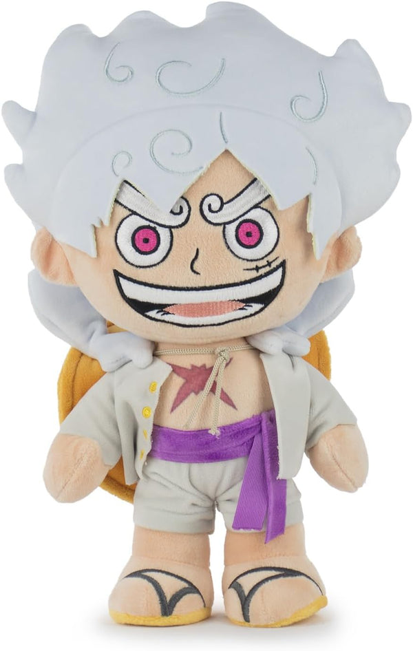 Peluche Luffy Gear 5 One Piece de 34 cm posée debout, vue d’ensemble du personnage