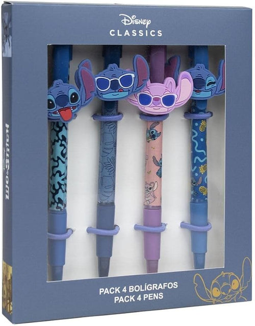 Coffret ouvert de 4 stylos à bille noirs Stitch Disney avec décorations en caoutchouc colorées