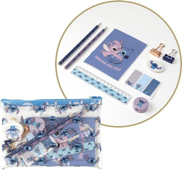 Set complet de papeterie Stitch Disney avec trousse transparente bleue et accessoires assortis