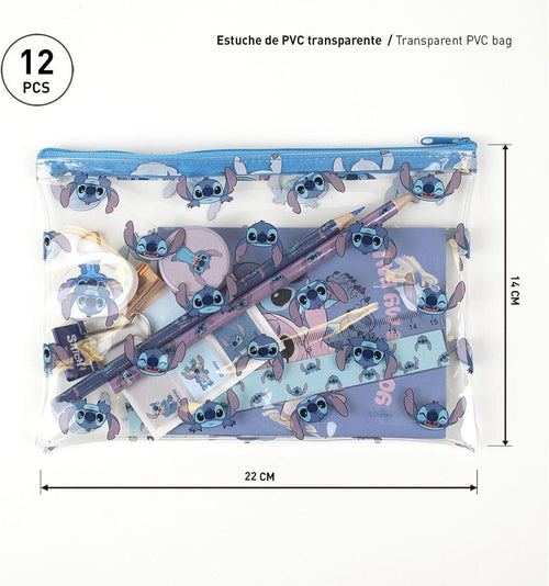 Gros plan sur la trousse transparente bleue décorée de Stitch et détails graphiques