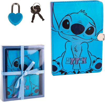 Journal intime Stitch bleu A4 à couverture rigide avec cadenas fermé et coffret