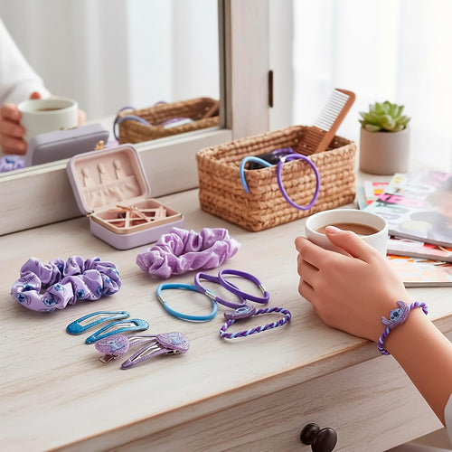 Détail des motifs Stitch sur les accessoires cheveux aux couleurs bleu et violet
