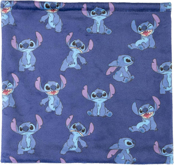 Tour de cou bleu Stitch Disney pour enfant posé à plat avec motif bien visible