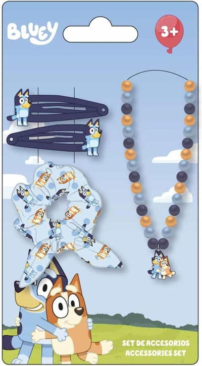 Set beauté Bluey pour enfant avec collier, chouchou nœud et deux pinces à cheveux assorties