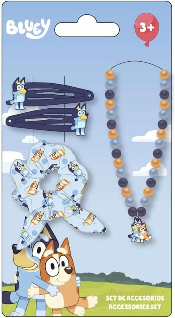 Set beauté Bluey pour enfant avec collier, chouchou nœud et deux pinces à cheveux assorties