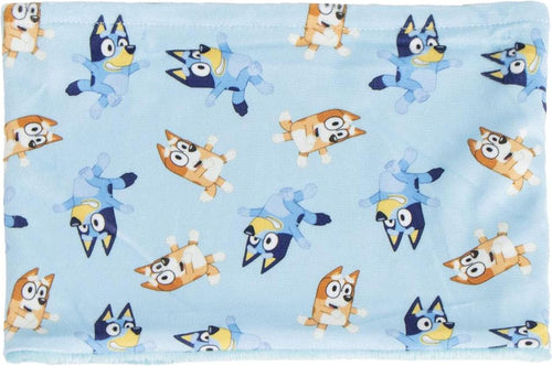 Tour de cou snood Bluey bleu pour enfant avec motif Bluey et sa famille sur le devant