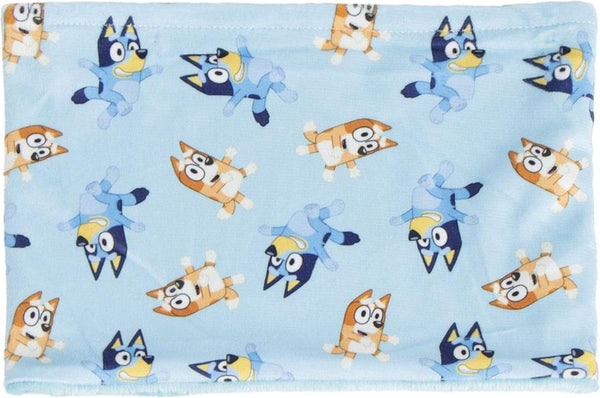 Tour de cou snood Bluey bleu pour enfant avec motif Bluey et sa famille sur le devant