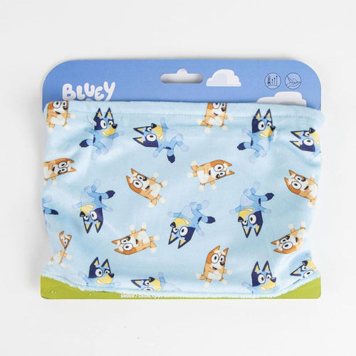 Présentation du tour de cou Bluey bleu prêt à être porté par un enfant