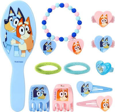 Coffret Bluey ouvert avec peigne, pinces, élastiques, bracelet et bague assortis