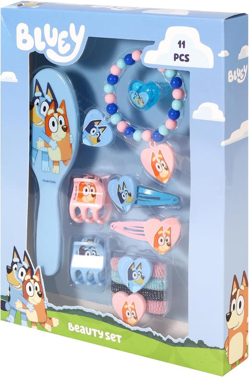 Gros plan sur les pinces à cheveux Bluey colorées avec motifs du dessin animé