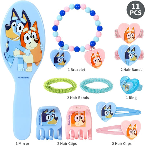 Détail des élastiques à cheveux Bluey assortis aux autres accessoires du coffret