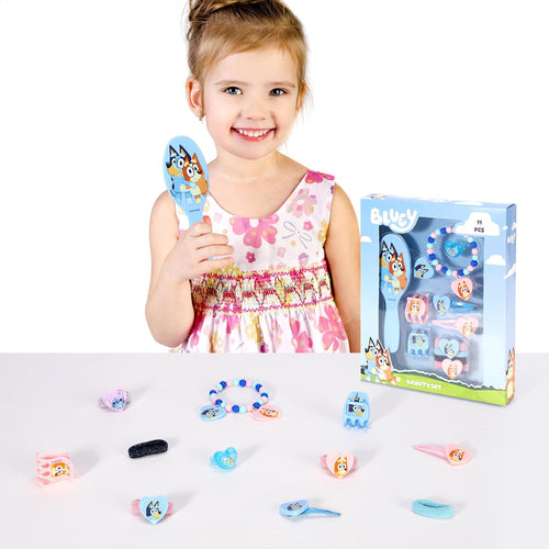 Boîte cadeau Bluey fermée avec fenêtre transparente laissant voir les accessoires