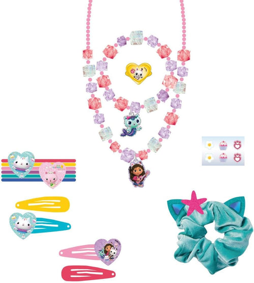 Détail des chouchous et pinces à cheveux Gabby's Dollhouse aux couleurs de Gabby et ses chatons