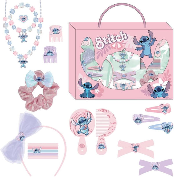 Set complet de beauté Stitch pour enfant avec accessoires de coiffure et bijoux disposés ensemble