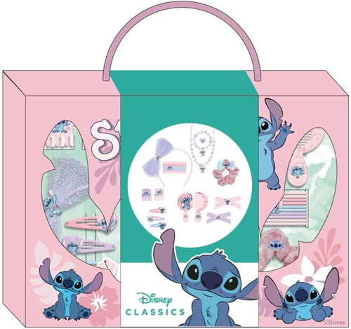 Détail des chouchous en tissu multicolores décorés avec le personnage Stitch