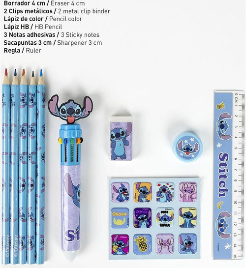 Contenu du kit papeterie Stitch avec cahier A6, crayons de couleur et règle