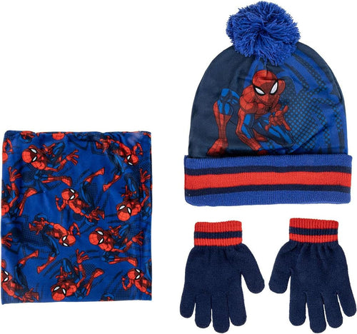 Ensemble complet bonnet, gants et snood Spider-Man Marvel pour enfant posé à plat