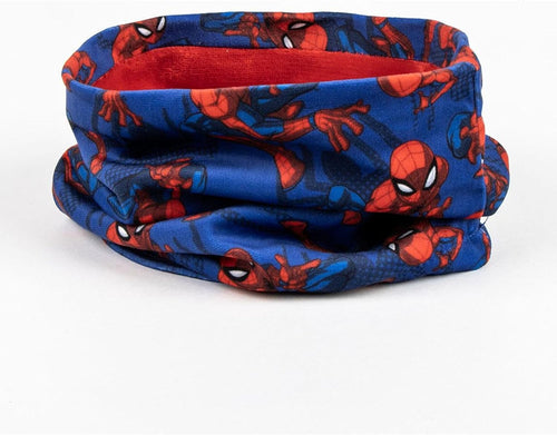 Détail du snood Spider-Man multicolore avec logo Marvel sur la maille
