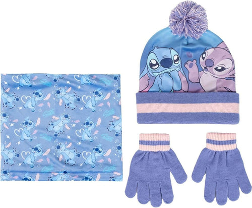 Ensemble Stitch complet avec bonnet, snood et gants assortis posés à plat