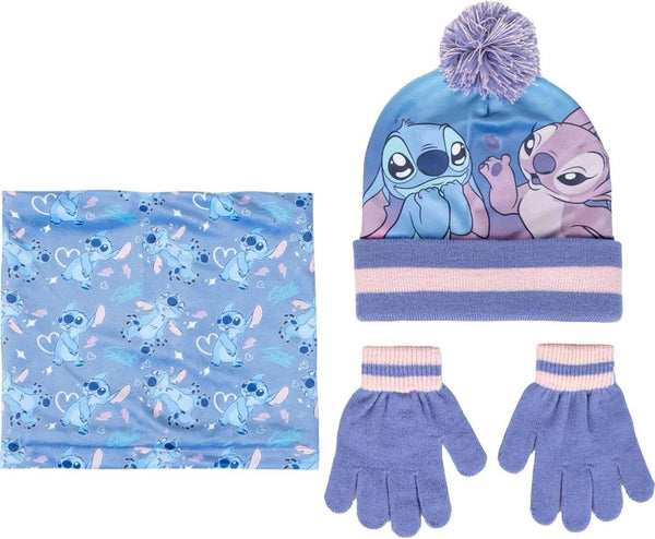 Ensemble Stitch complet avec bonnet, snood et gants assortis posés à plat
