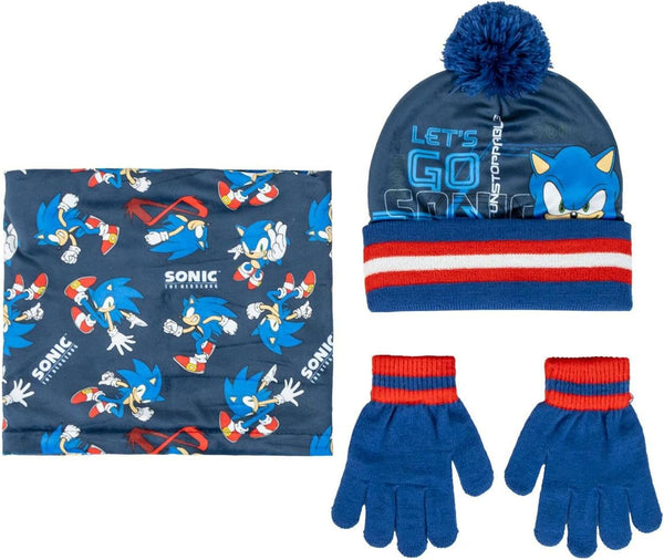 Ensemble complet bonnet, snood et gants Sonic pour enfant posé à plat