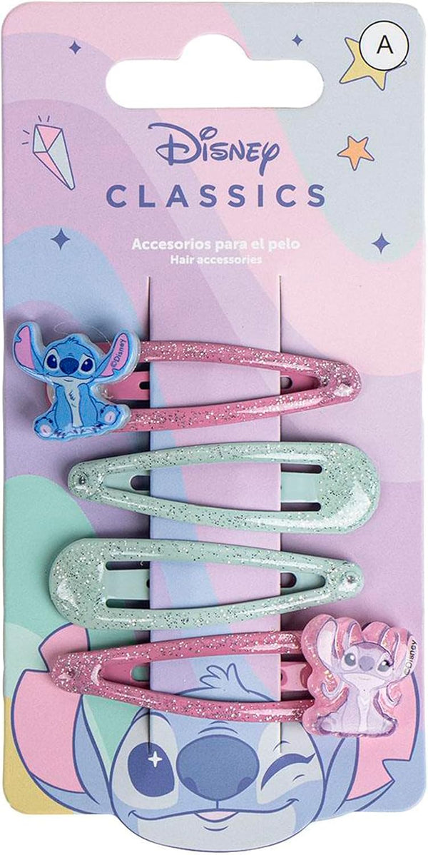 Lot de quatre barrettes cheveux Stitch multicolores disposées côte à côte