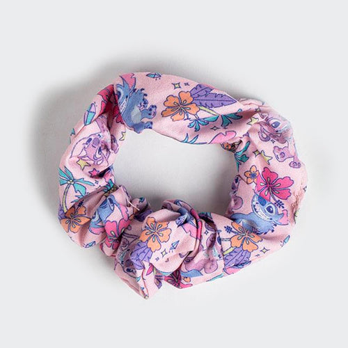 Chouchou Disney Stitch imprimé bleu et rose montrant le visage de Stitch