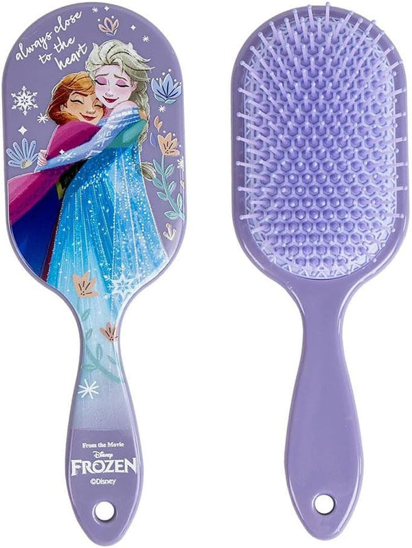 Brosse démêlante bleu ciel La Reine des Neiges avec Elsa et Anna sur le dos