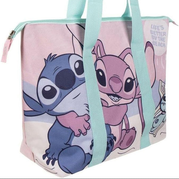 Grand sac de plage Stitch bleu posé de face avec large compartiment principal