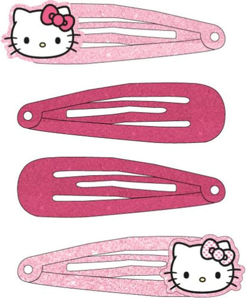Gros plan sur une barrette Hello Kitty rose avec motif du chaton et paillettes scintillantes