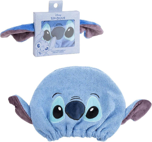 Serviette à cheveux Stitch bleue en microfibre enroulée en turban sur la tête