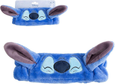 Bandeau de maquillage Stitch bleu en tissu peluche posé à plat