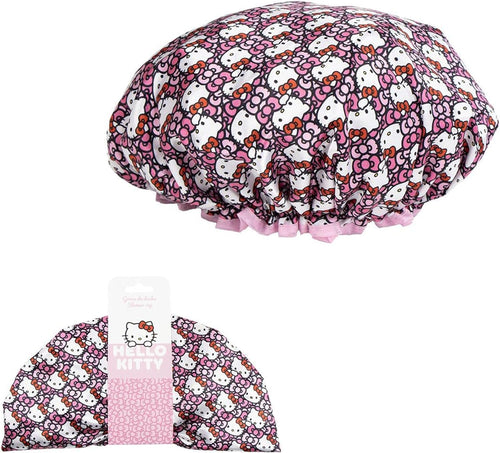 Bonnet de douche Hello Kitty rose imperméable avec personnage imprimé sur l’avant