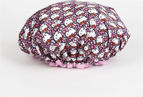 Bonnet de douche Hello Kitty plié prêt à être rangé dans une trousse de toilette